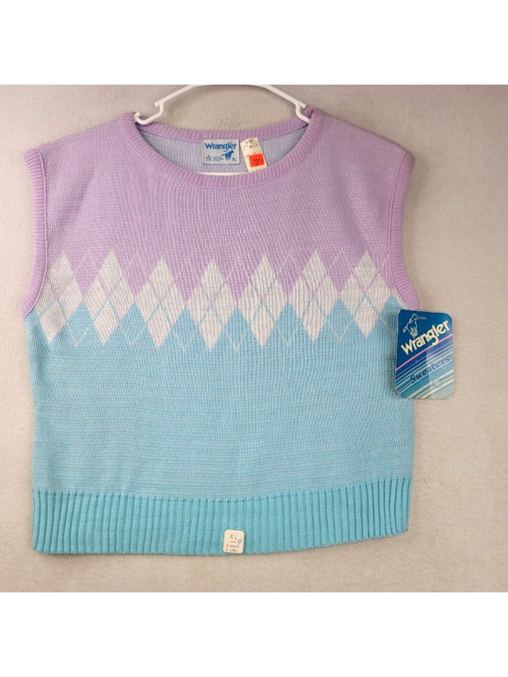 Vintage 80s Wrangler Argyle Sweater Vest XL Purple Blue USA Preppy Twee Retro